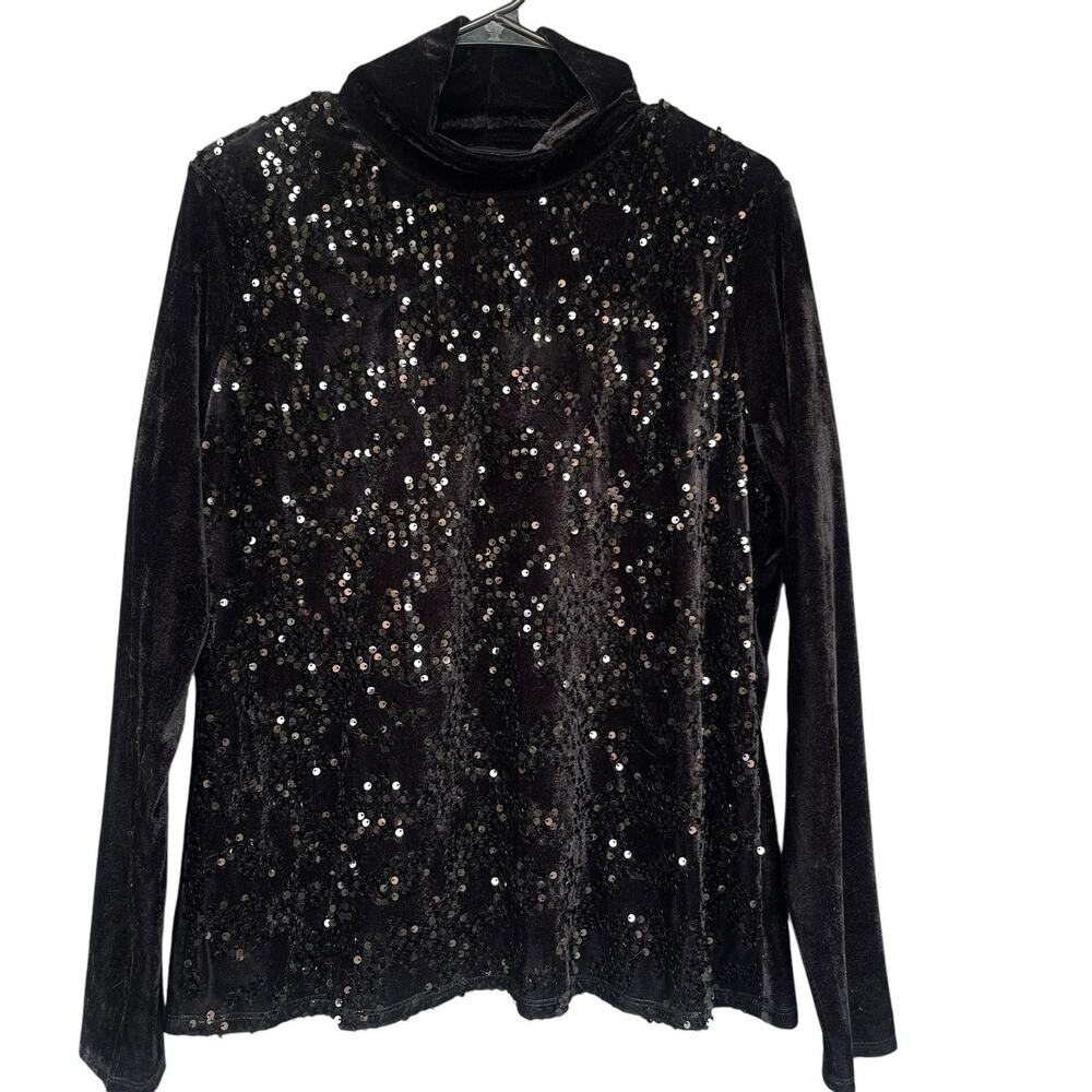 Velvet Womens Sequined‎ Mock Neck Pullover Top Medium Black Floral Whimsigoth